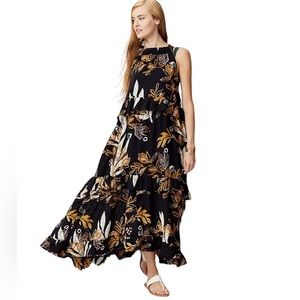 NWT Free People Anita Printed Black With Leaves Combo Printed Maxi Size large
